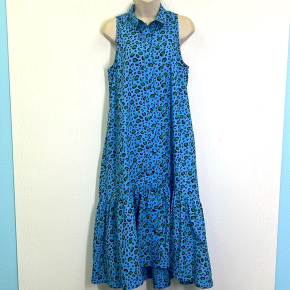 Anthropologie - Maeve Paola Flounced Cheetah Blue Print Sleeveless Midi Dress SM - Picture 2 of 14